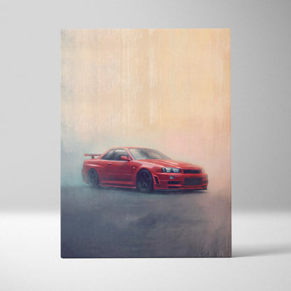 Vibrant red Nissan Skyline GT-R R34 sports car canvas print with smoky background for office decor wall art