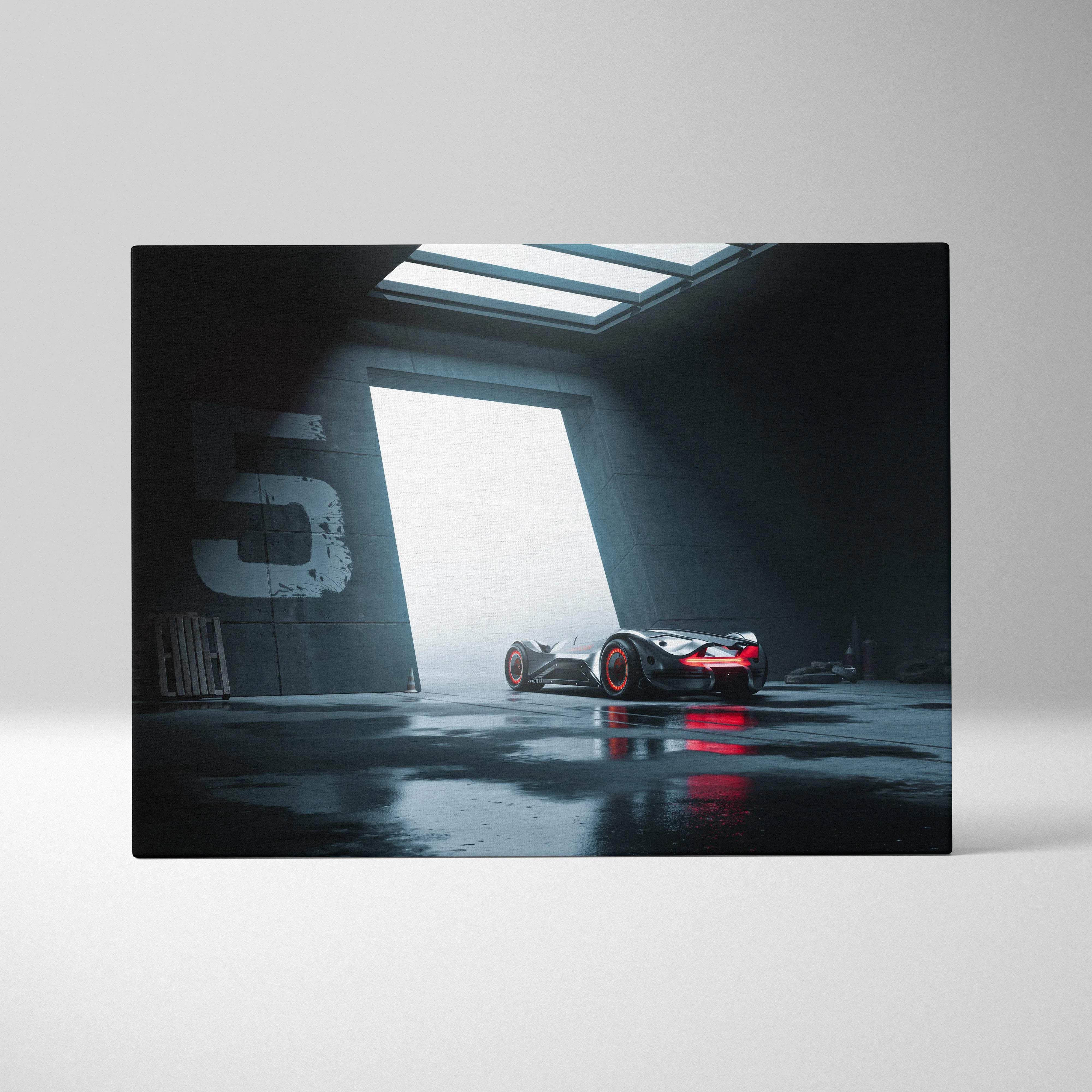 Black and red futuristic hypercar with glowing accents in industrial hangar canvas art