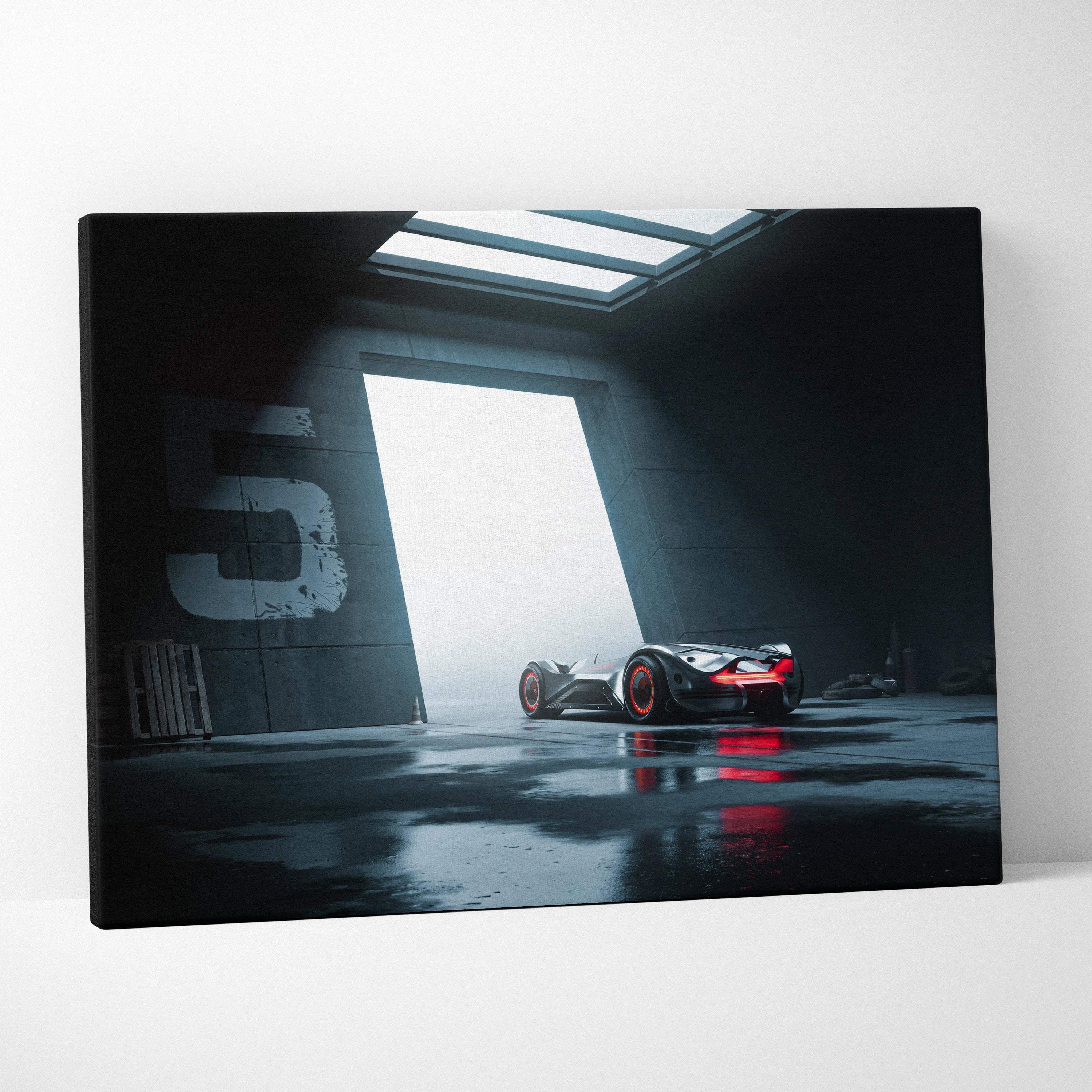 Sleek black red futuristic hypercar with glowing orange wheels in industrial hangar canvas art