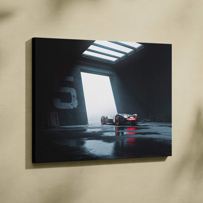 Black red futuristic hypercar in industrial hangar canvas art