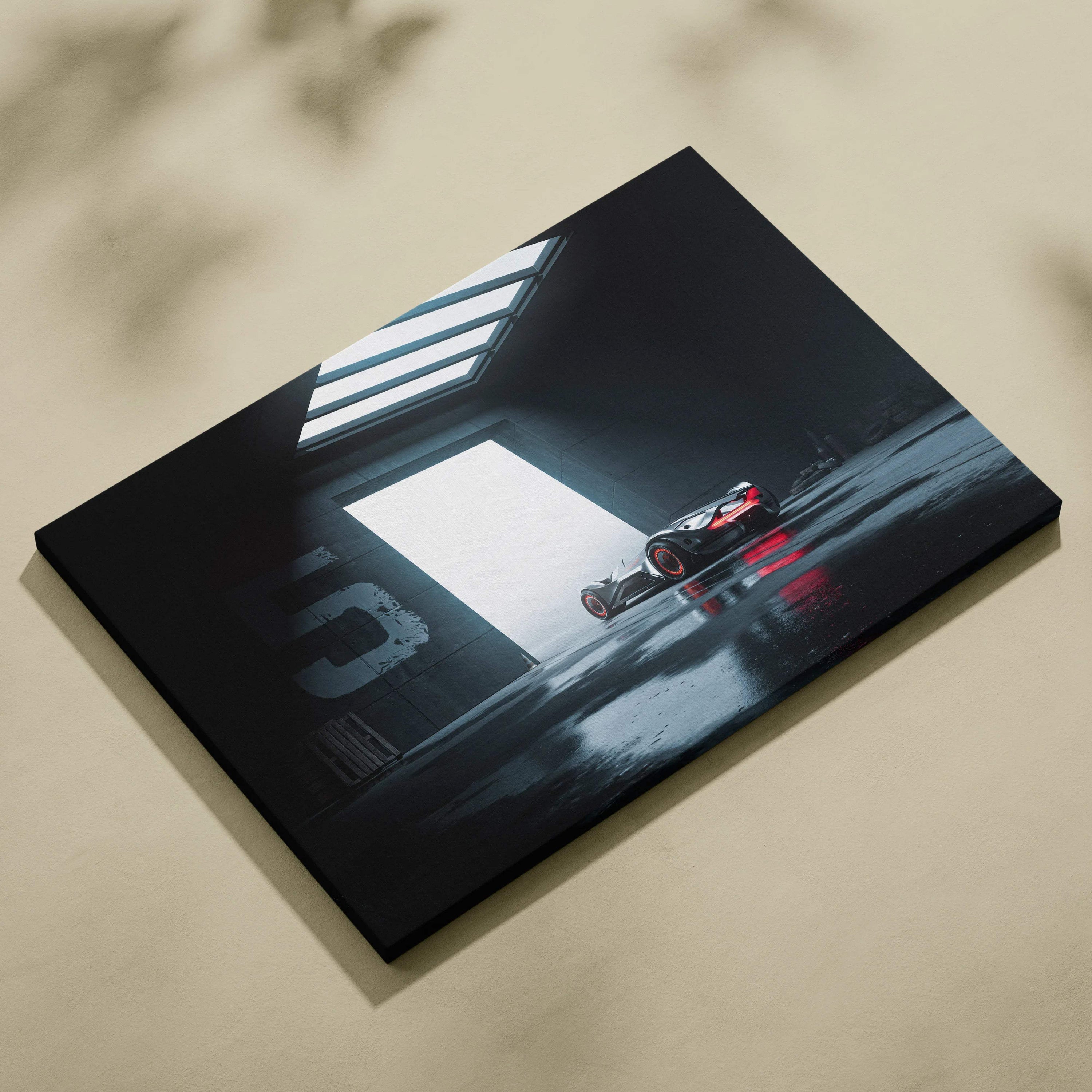 Black canvas print of futuristic hypercar in industrial hangar with red accents