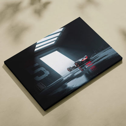 Black canvas print of futuristic hypercar in industrial hangar with red accents