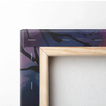 Back of Moonlit Forest Waterfall canvas print in deep blue teal pink on wooden frame