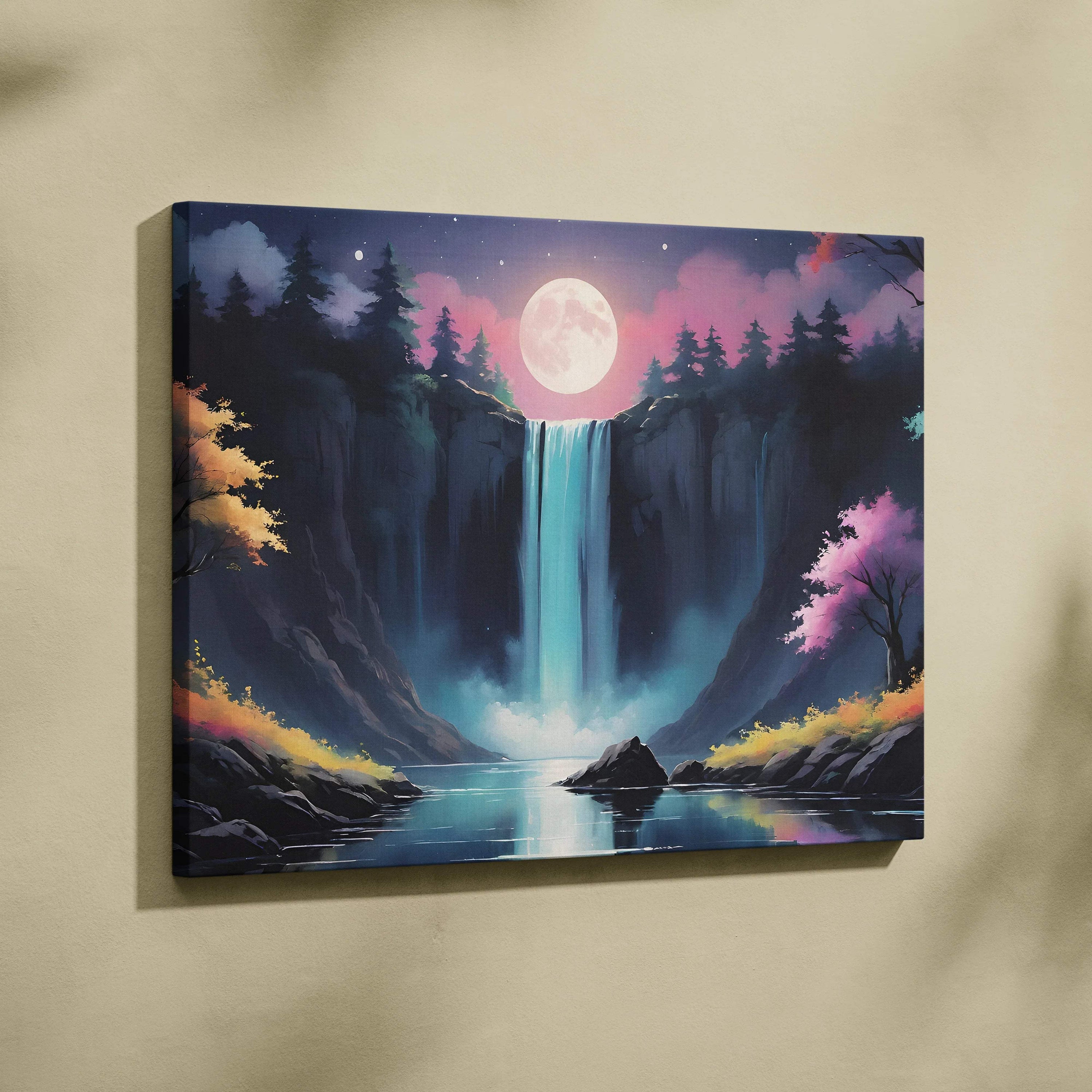 Moonlit forest waterfall canvas wall art in teal, pink, purple hues