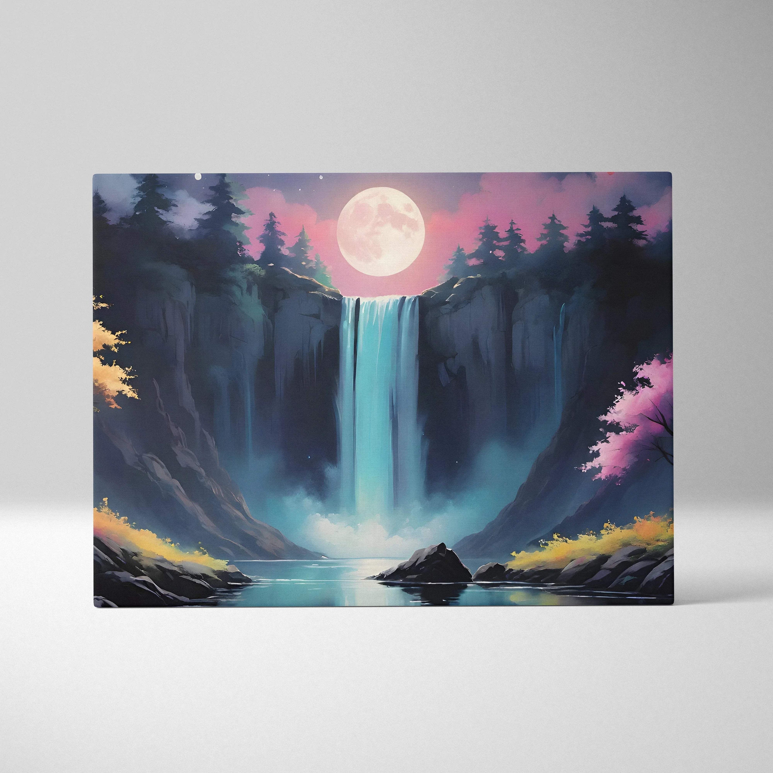 Moonlit forest waterfall canvas wall art in teal pink dreamy fantasy landscape