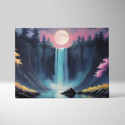 Moonlit forest waterfall canvas wall art in teal pink dreamy fantasy landscape