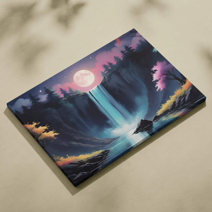 Moonlit forest waterfall canvas art in teal pink hues under full moon