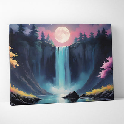 Moonlit forest waterfall canvas wall art in dreamy teal pink hues