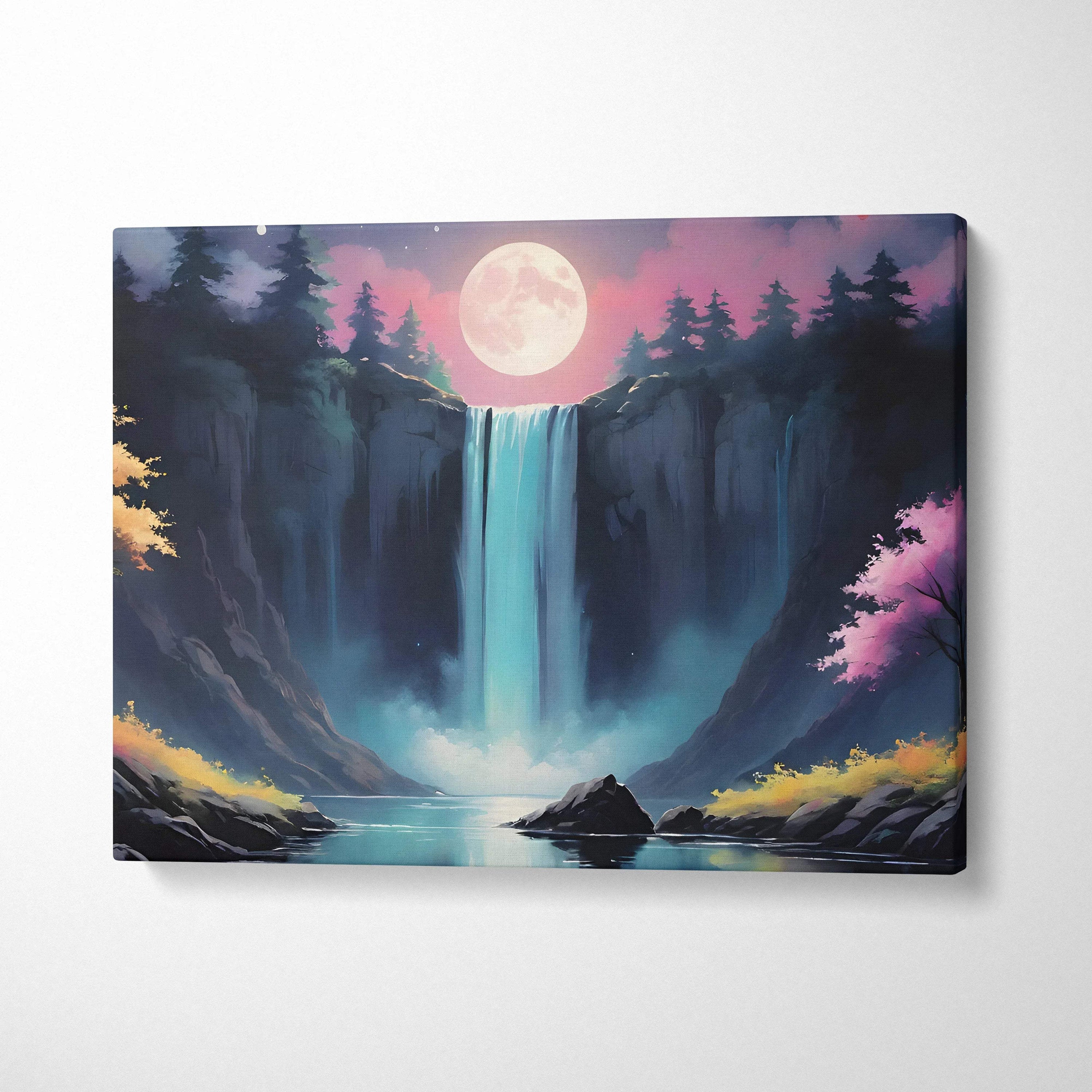 Moonlit forest waterfall canvas art with dreamy fantasy landscape in teal pink blue
