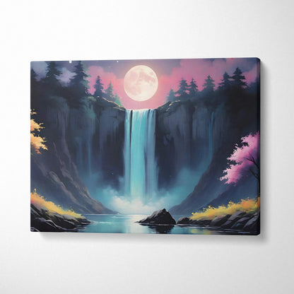 Moonlit forest waterfall canvas art with dreamy fantasy landscape in teal pink blue