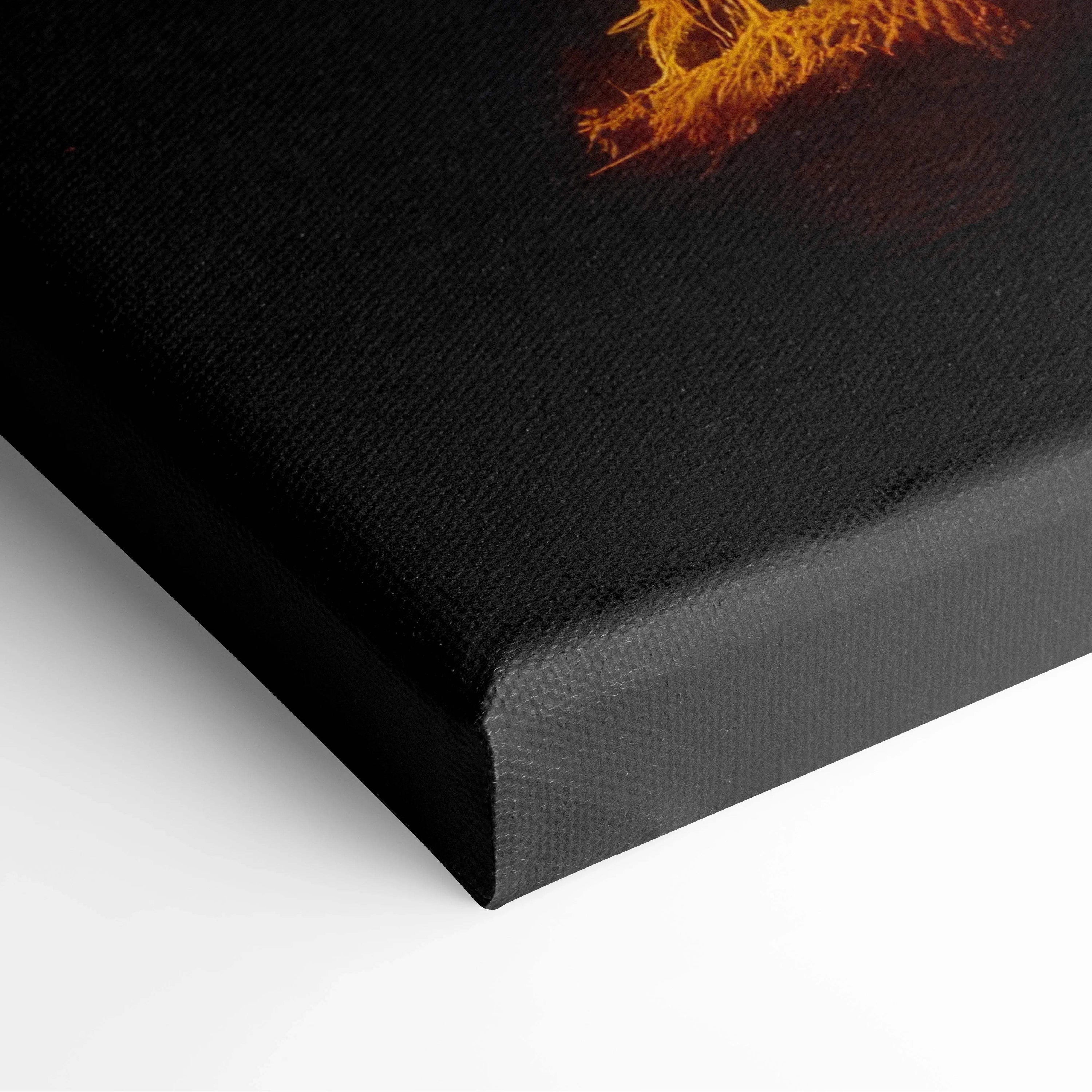 Black canvas print of epic dragon breathing fire in orange root design