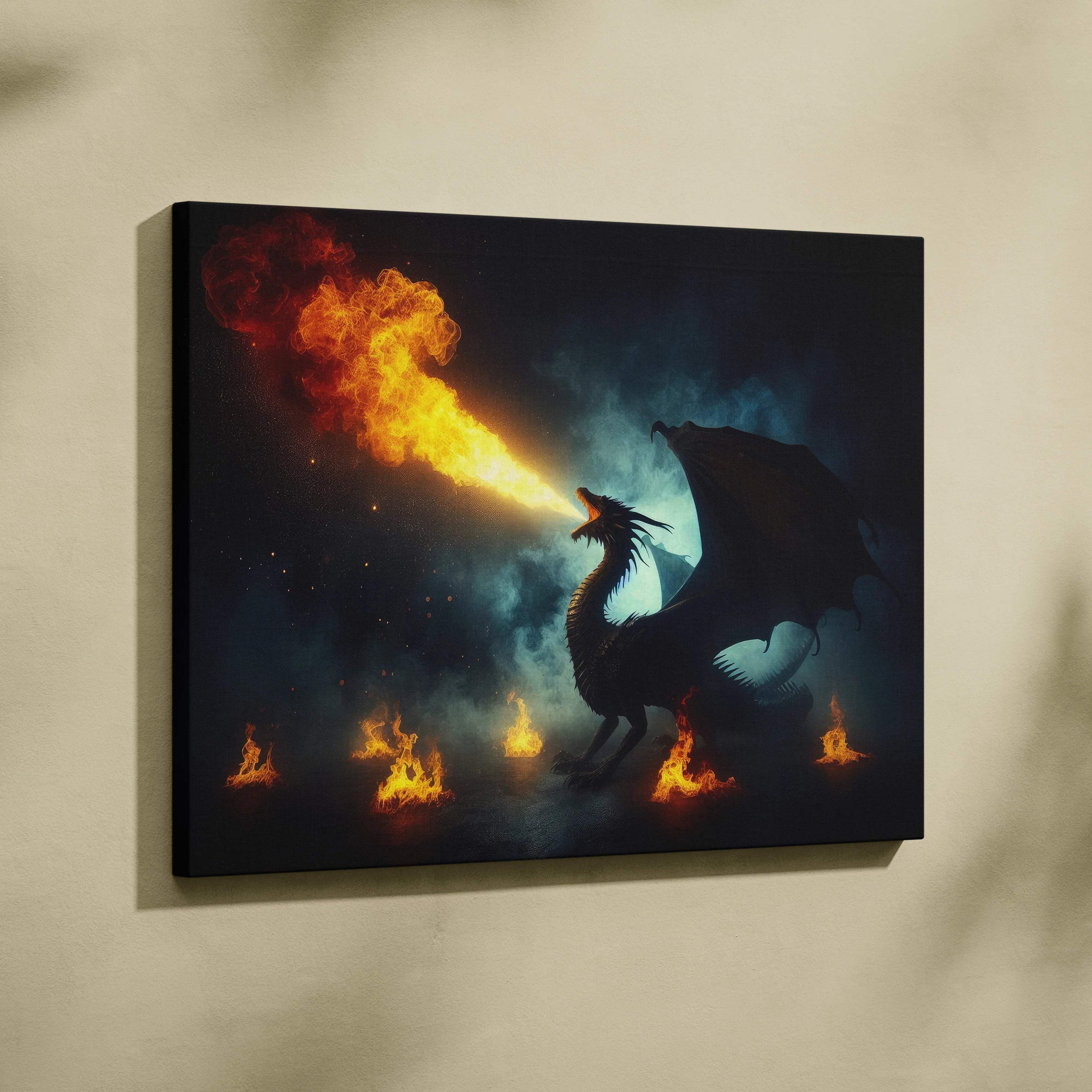 Epic dragon breathing fiery orange flames on black starry canvas art