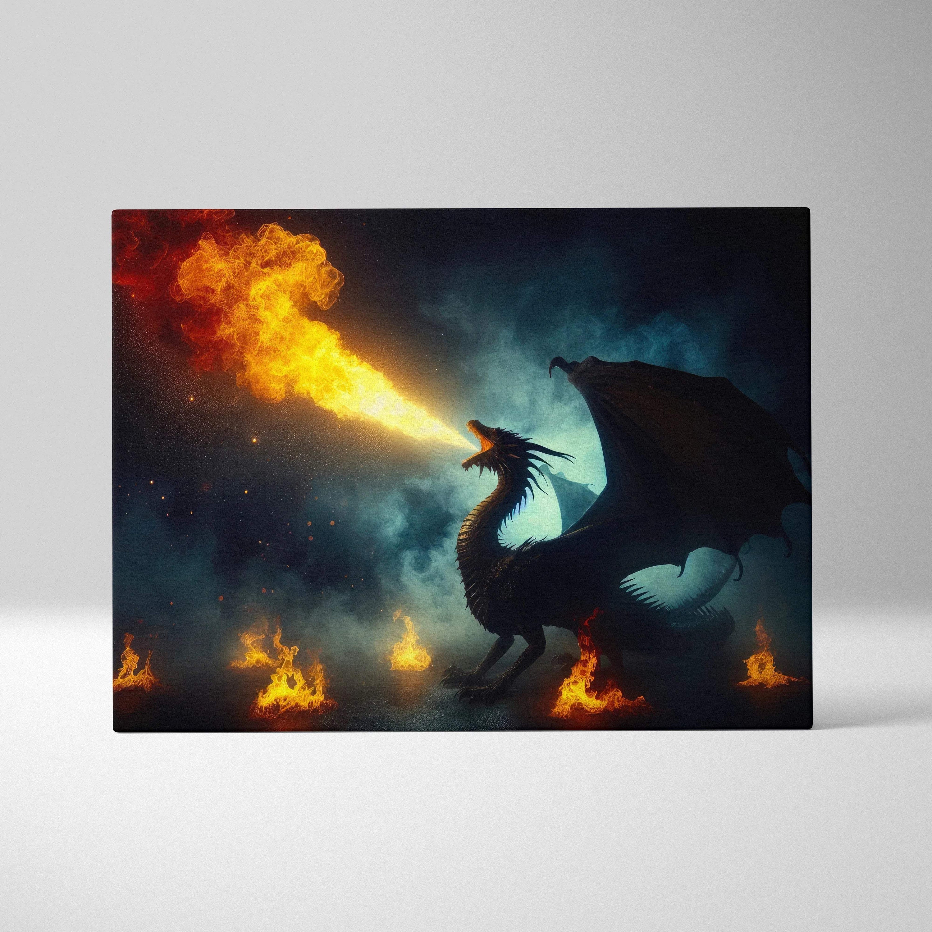 Epic dragon breathing blazing orange fire in smoky night sky canvas art