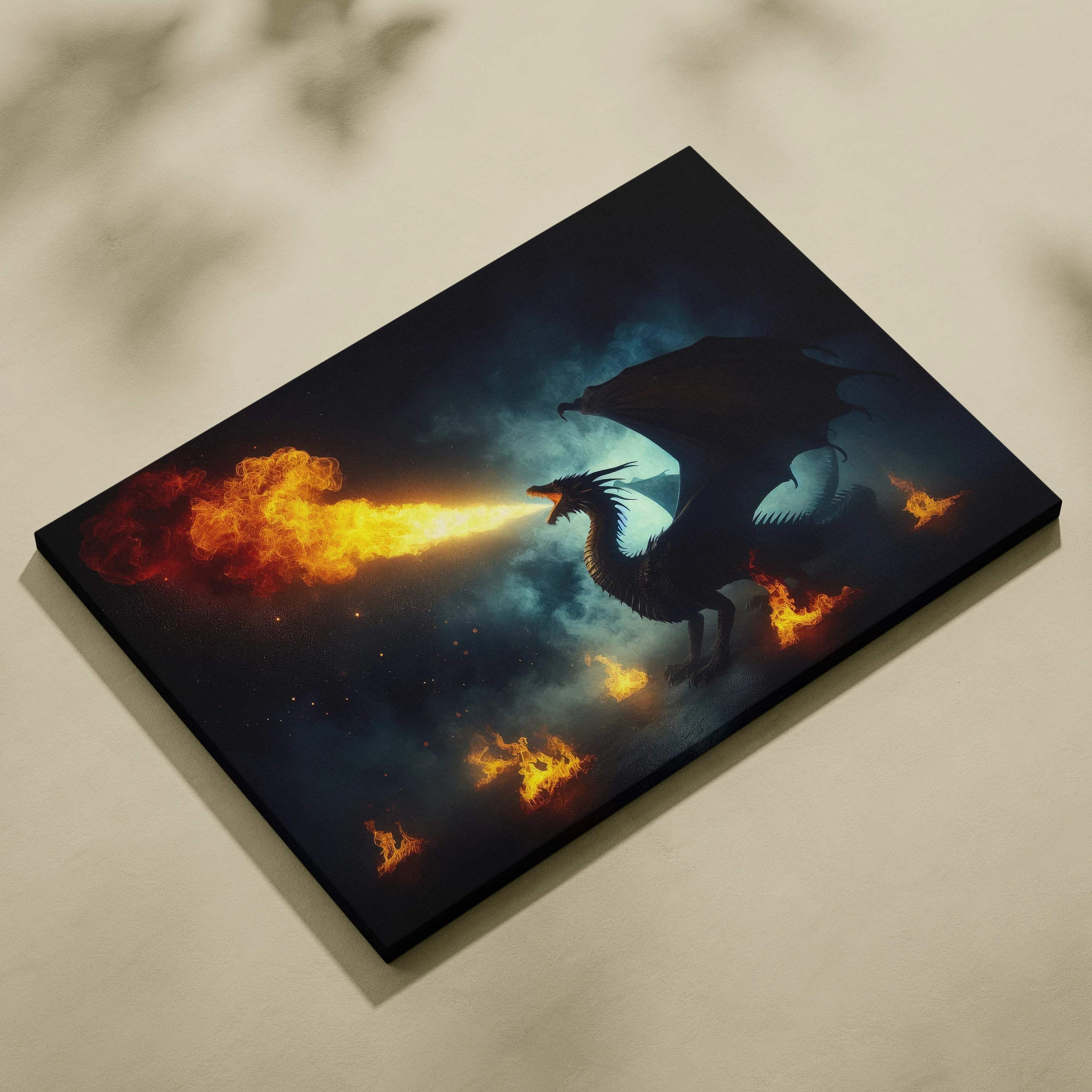 Epic dragon breathing fiery orange flames silhouette on starry black canvas