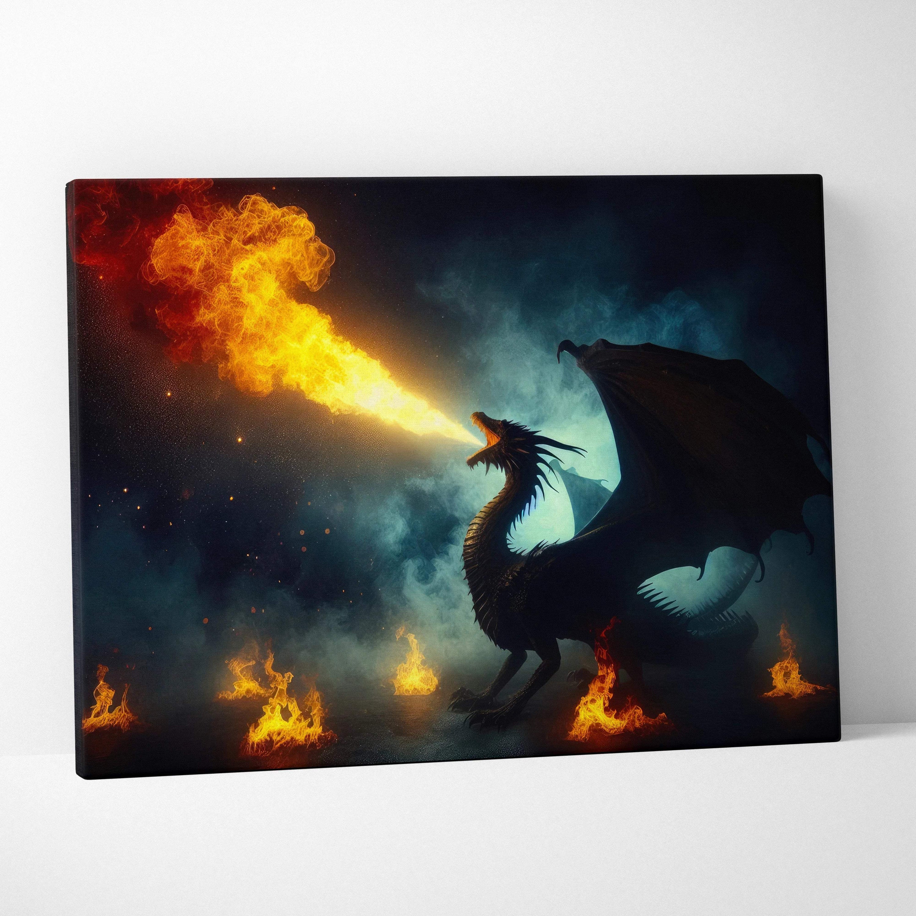 Epic dragon breathing fiery orange flames in smoky starry night sky canvas art