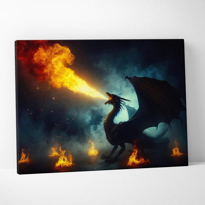Epic dragon breathing fiery orange flames in smoky starry night sky canvas art