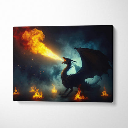 Black dragon breathing fire on smoky night canvas art in deep blue and orange