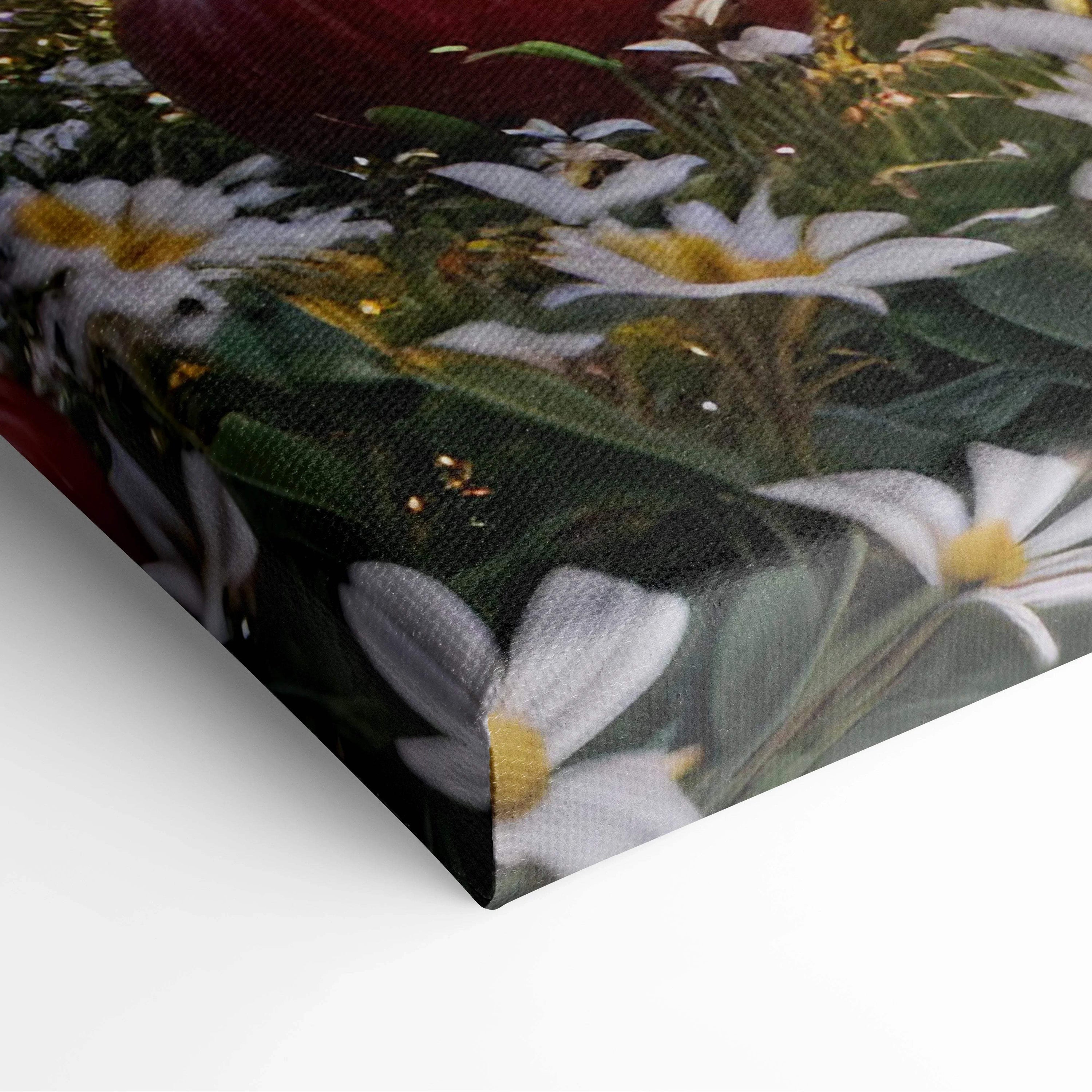 Vibrant white daisies and red apple still life canvas print