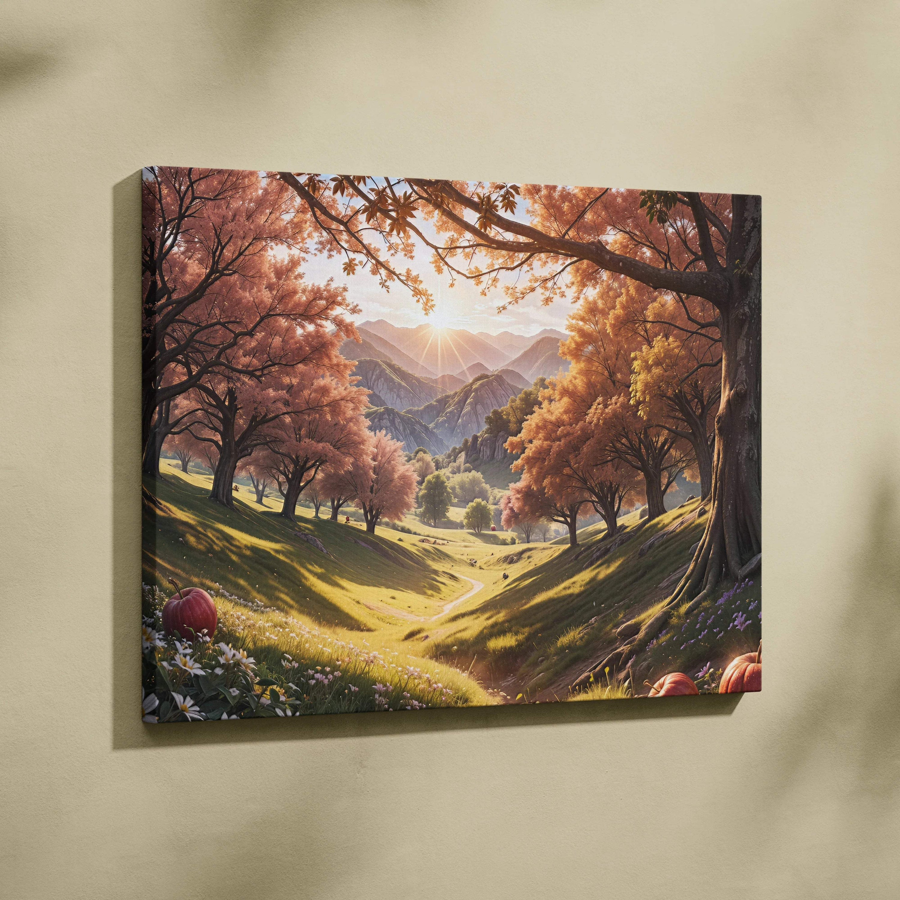 Autumn Valley Landscape Canvas Wall Art with Sunlit Mountains