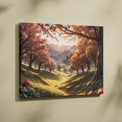 Autumn Valley Landscape Canvas Wall Art with Sunlit Mountains