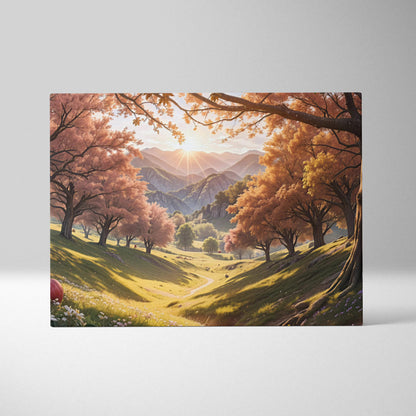 Autumn Valley canvas wall art with sunlit mountains and pink gold trees