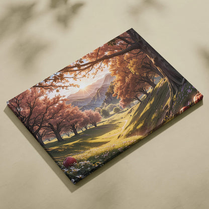 Autumn Valley canvas wall art with sunlit mountains and pink blossoming trees