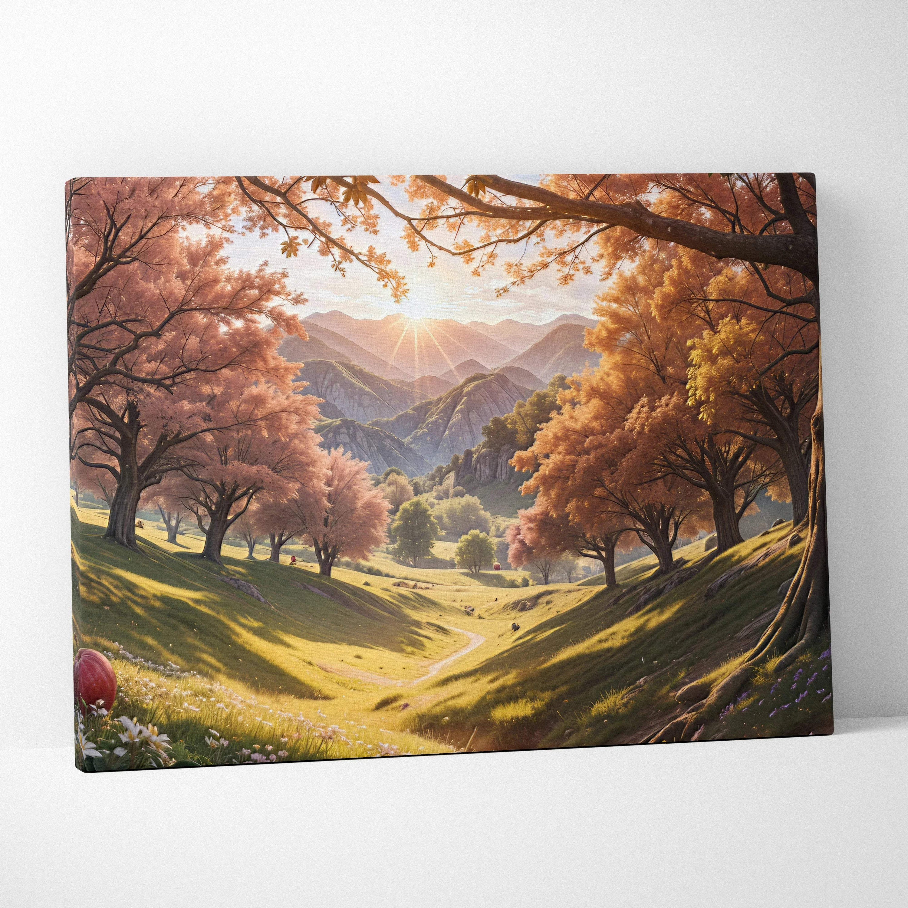 Autumn valley canvas wall art with sunlit mountains and pink orange trees