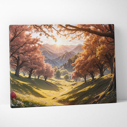 Autumn valley canvas wall art with sunlit mountains and pink orange trees