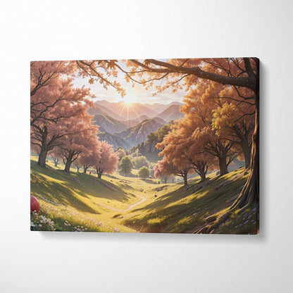 Autumn valley canvas wall art with sunlit mountains and pink gold trees