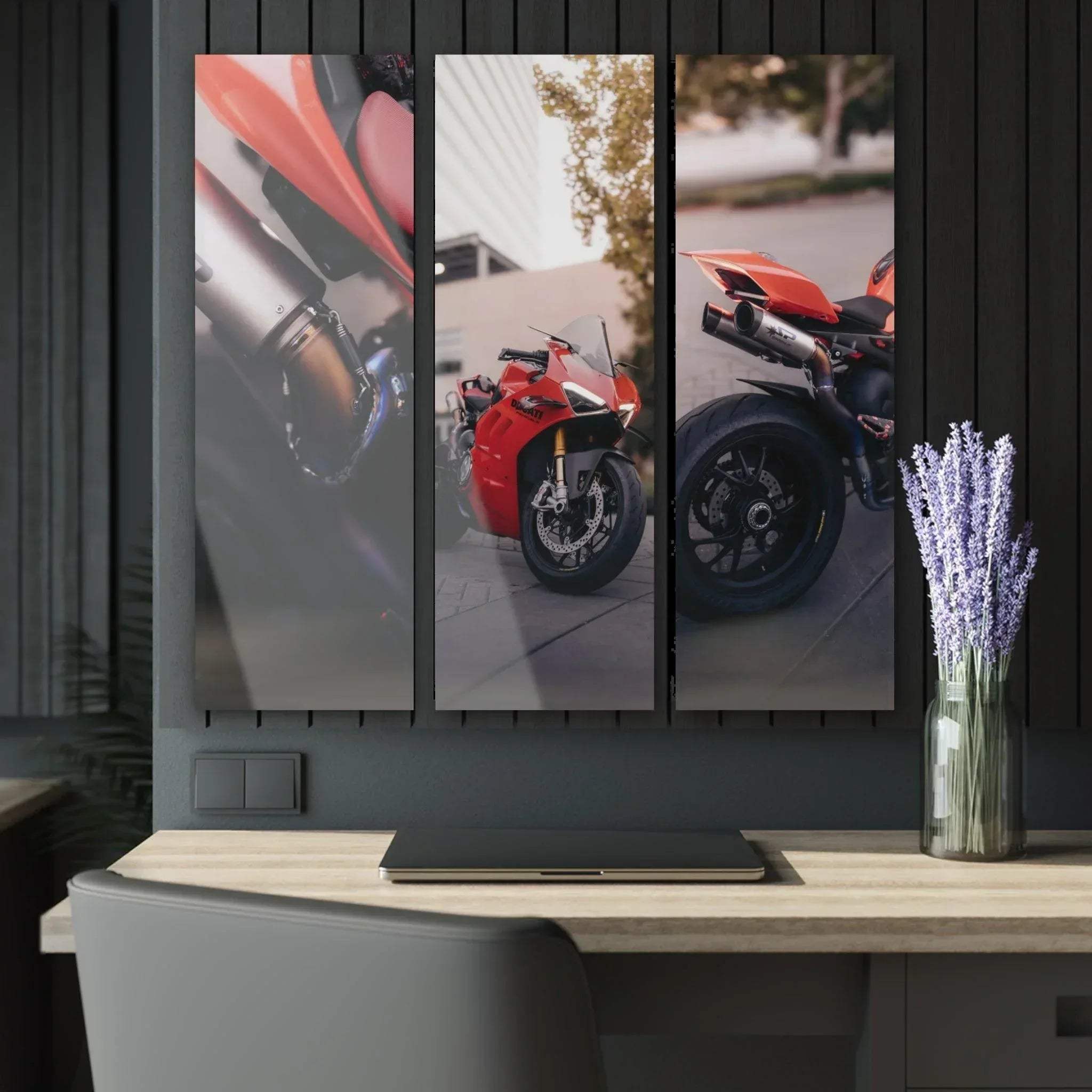 Three-piece canvas wall art featuring close-up shots of a red Ducati Panigale V4S motorcycle details.