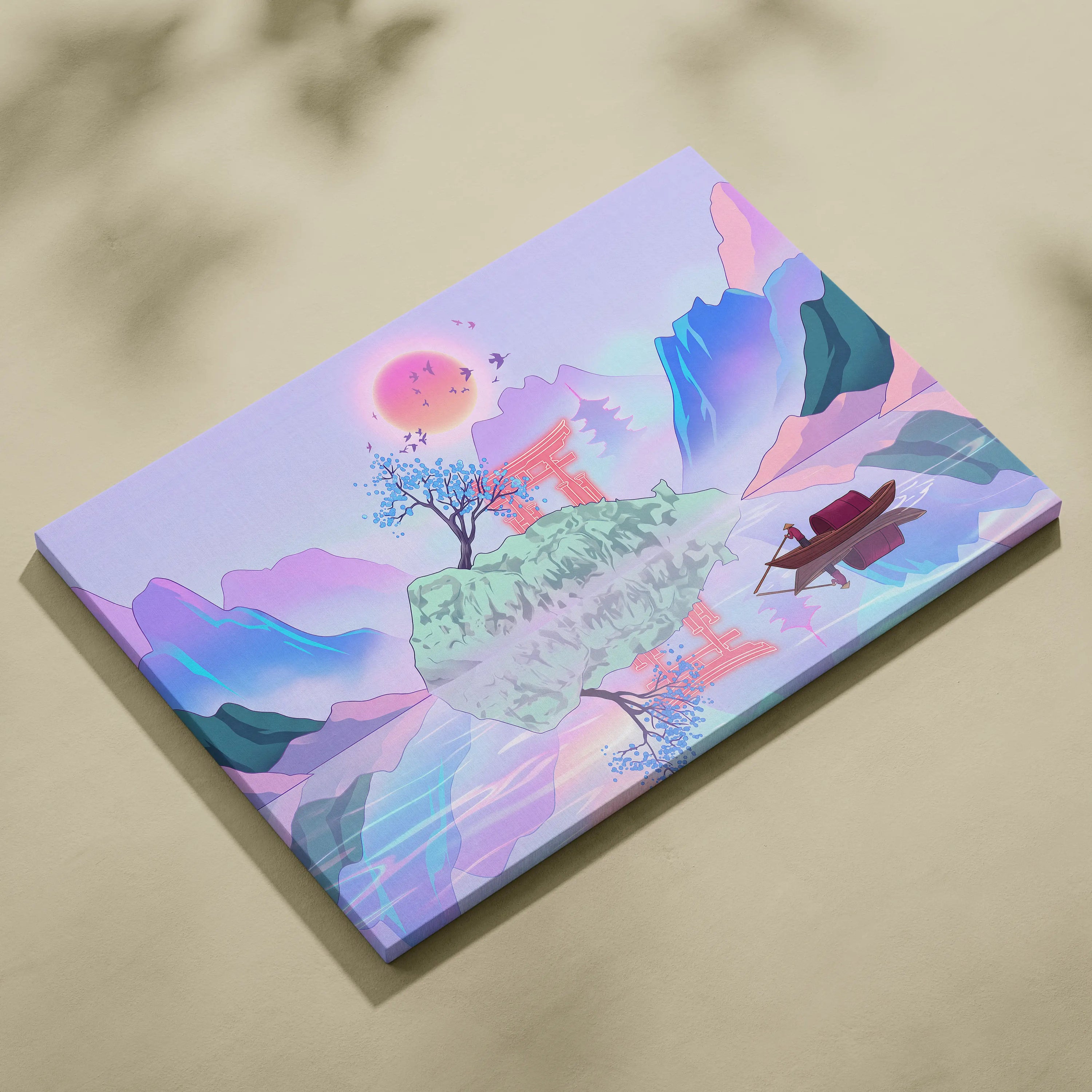 Vaporwave Japan Landscape Canvas - Japan Landscape Pastel Pink Blue Living Room Vaporwave Dreamy Nostalgic Canvas Print