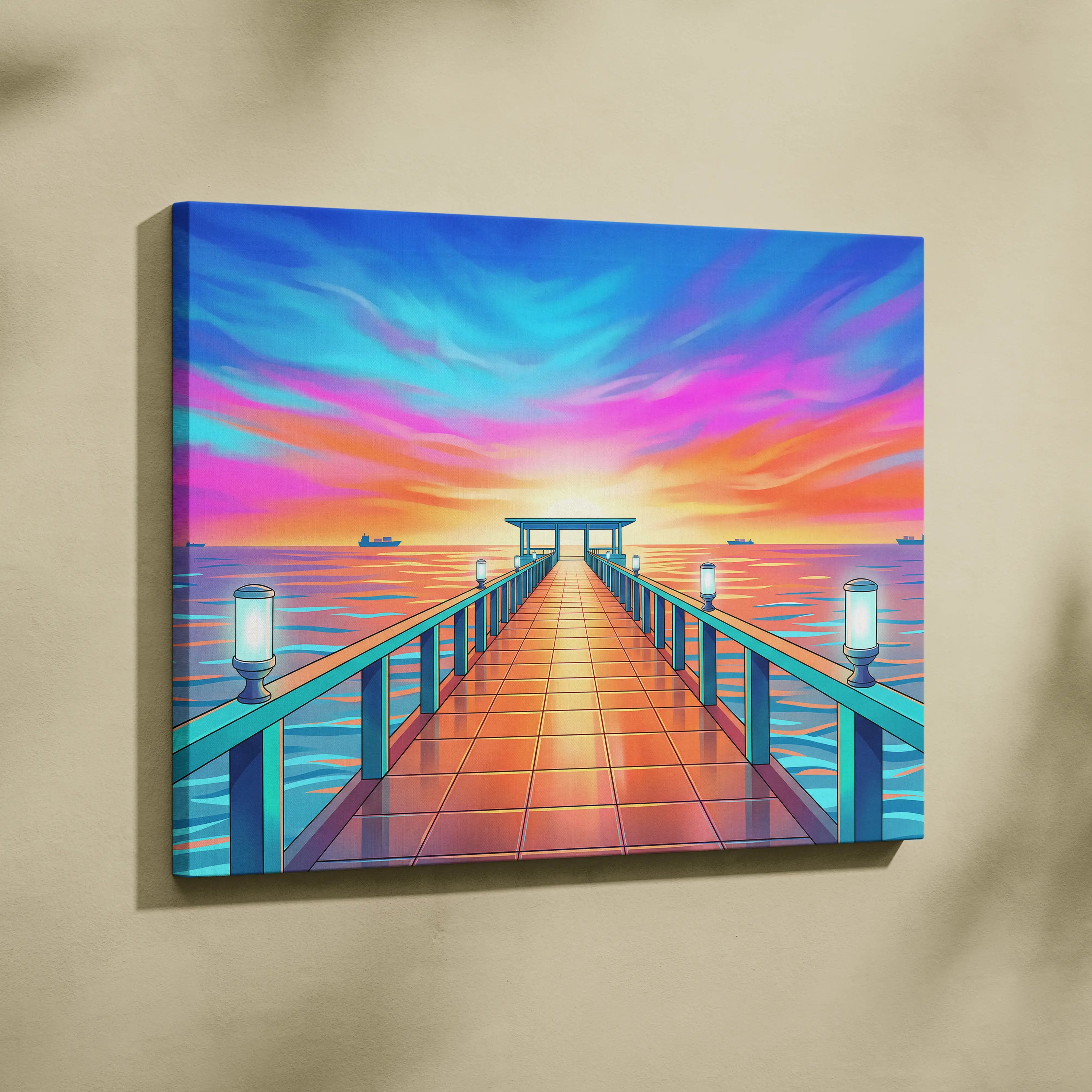 Neon Sunset Vaporwave Canvas - Seaside Pier Neon Blues Sunset Living Room Vaporwave Dreamy Vaporwave Wall Art Canvas