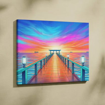 Neon Sunset Vaporwave Canvas - Seaside Pier Neon Blues Sunset Living Room Vaporwave Dreamy Vaporwave Wall Art Canvas