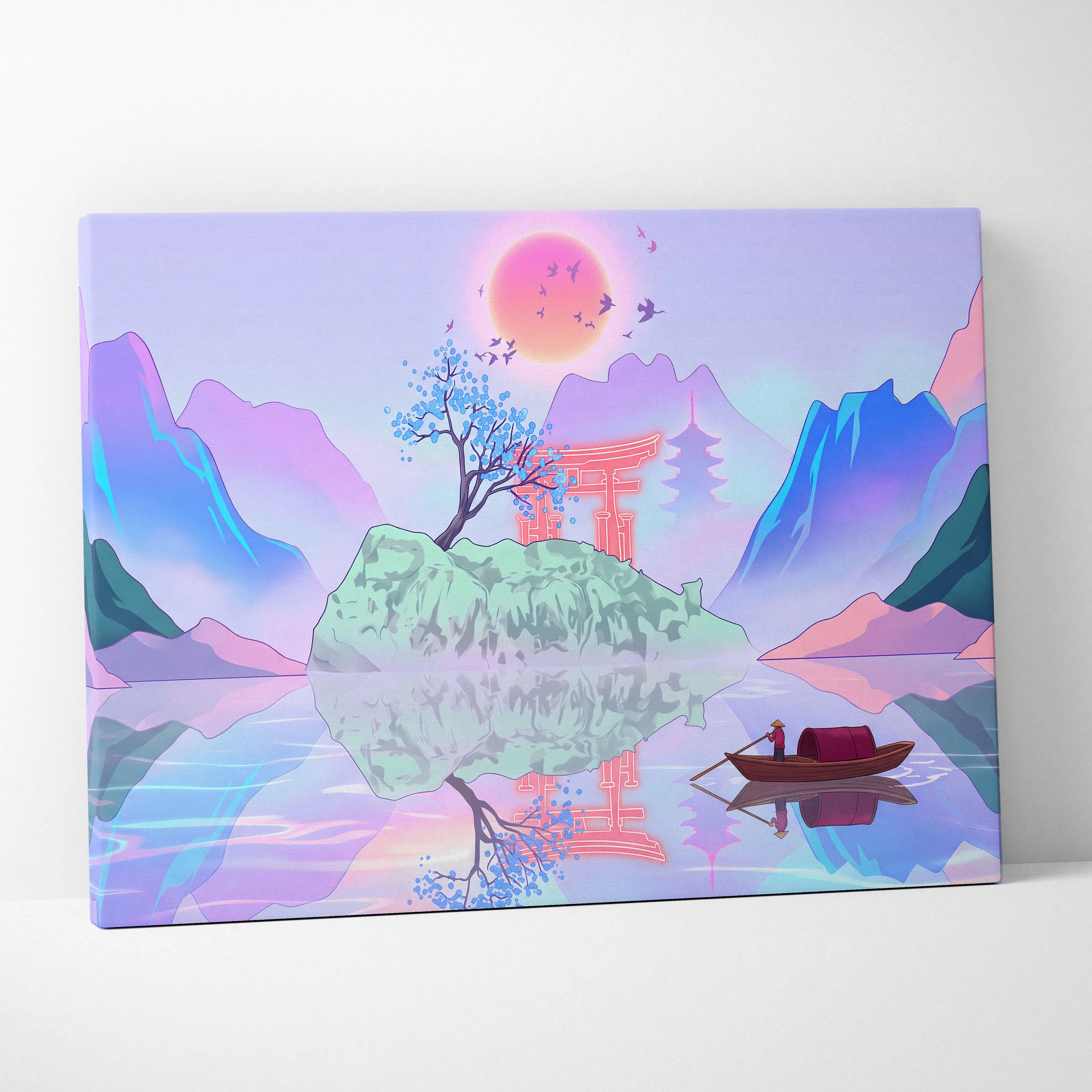 Vaporwave Japan Landscape Canvas - Japan Landscape Pastel Pink Blue Living Room Vaporwave Dreamy Nostalgic Canvas Print