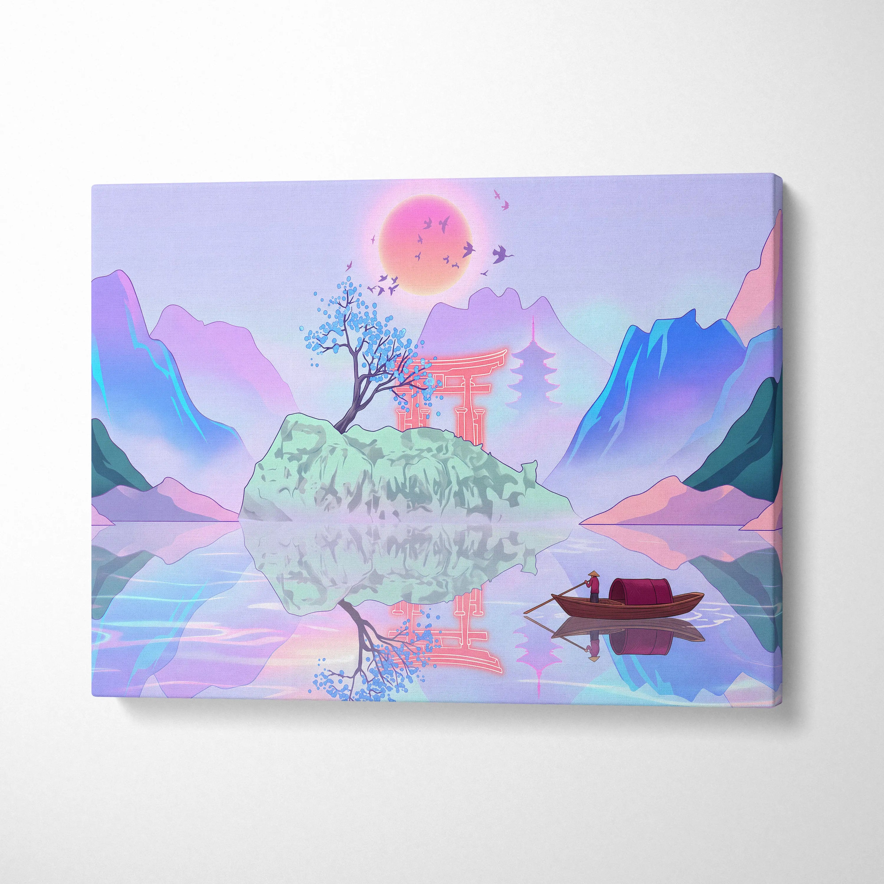 Vaporwave Japan Landscape Canvas - Japan Landscape Pastel Pink Blue Living Room Vaporwave Dreamy Nostalgic Canvas Print