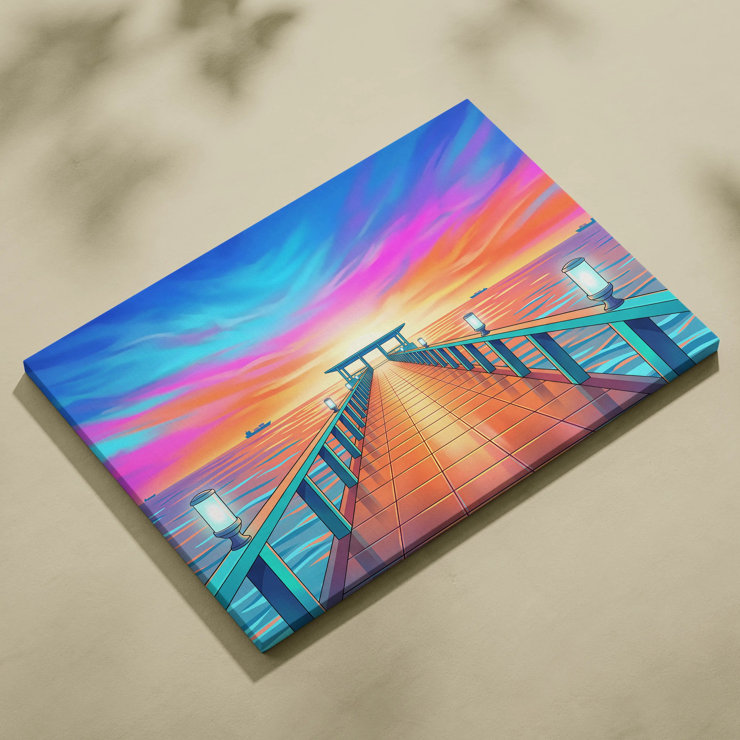 Neon Sunset Vaporwave Canvas - Seaside Pier Neon Blues Sunset Living Room Vaporwave Dreamy Vaporwave Wall Art Canvas