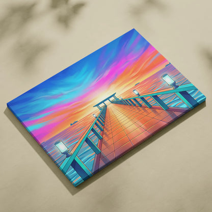 Neon Sunset Vaporwave Canvas - Seaside Pier Neon Blues Sunset Living Room Vaporwave Dreamy Vaporwave Wall Art Canvas