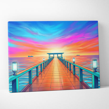 Neon Sunset Vaporwave Canvas - Seaside Pier Neon Blues Sunset Living Room Vaporwave Dreamy Vaporwave Wall Art Canvas