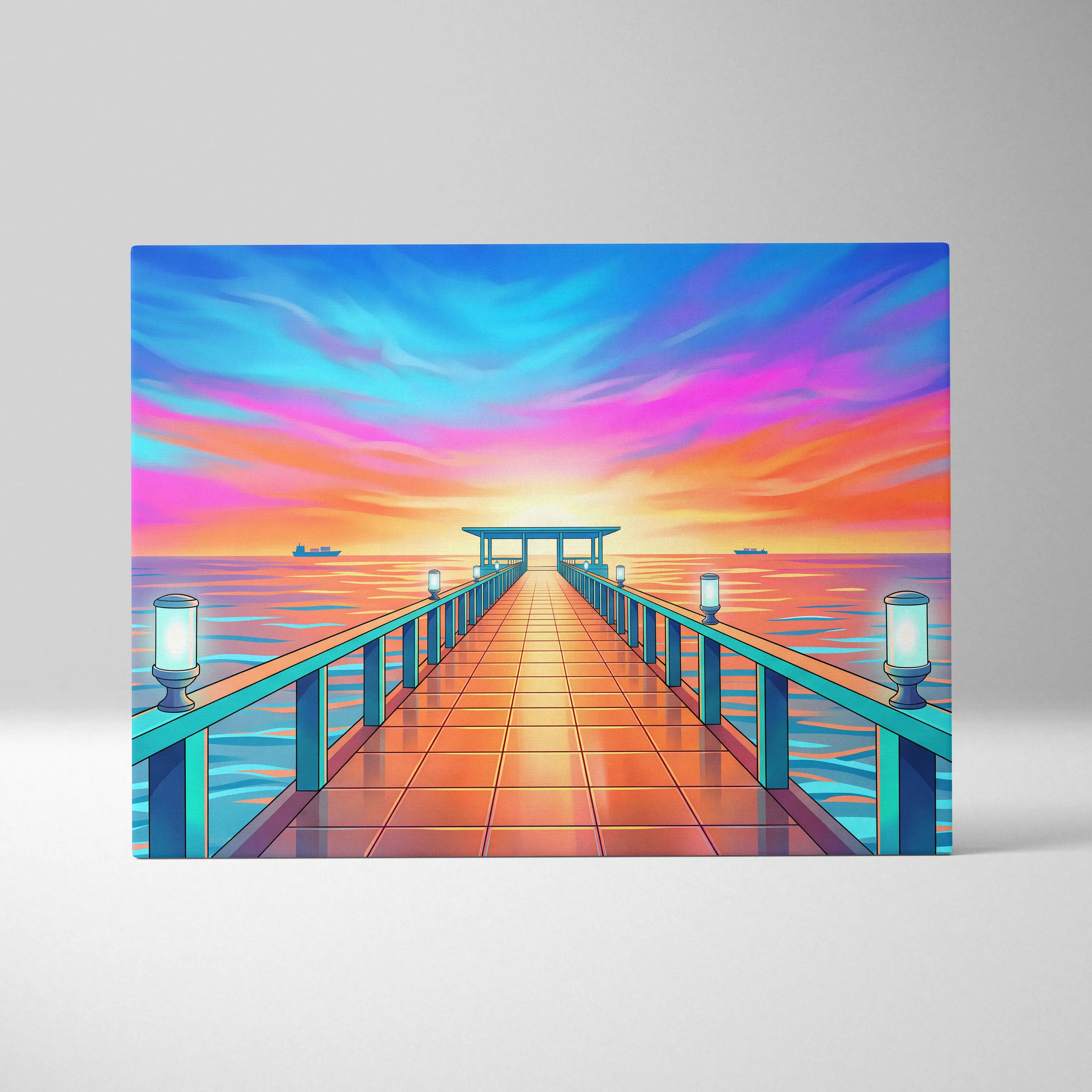 Neon Sunset Vaporwave Canvas - Seaside Pier Neon Blues Sunset Living Room Vaporwave Dreamy Vaporwave Wall Art Canvas
