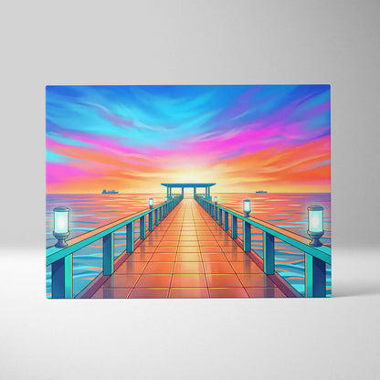 Neon Sunset Vaporwave Canvas - Seaside Pier Neon Blues Sunset Living Room Vaporwave Dreamy Vaporwave Wall Art Canvas