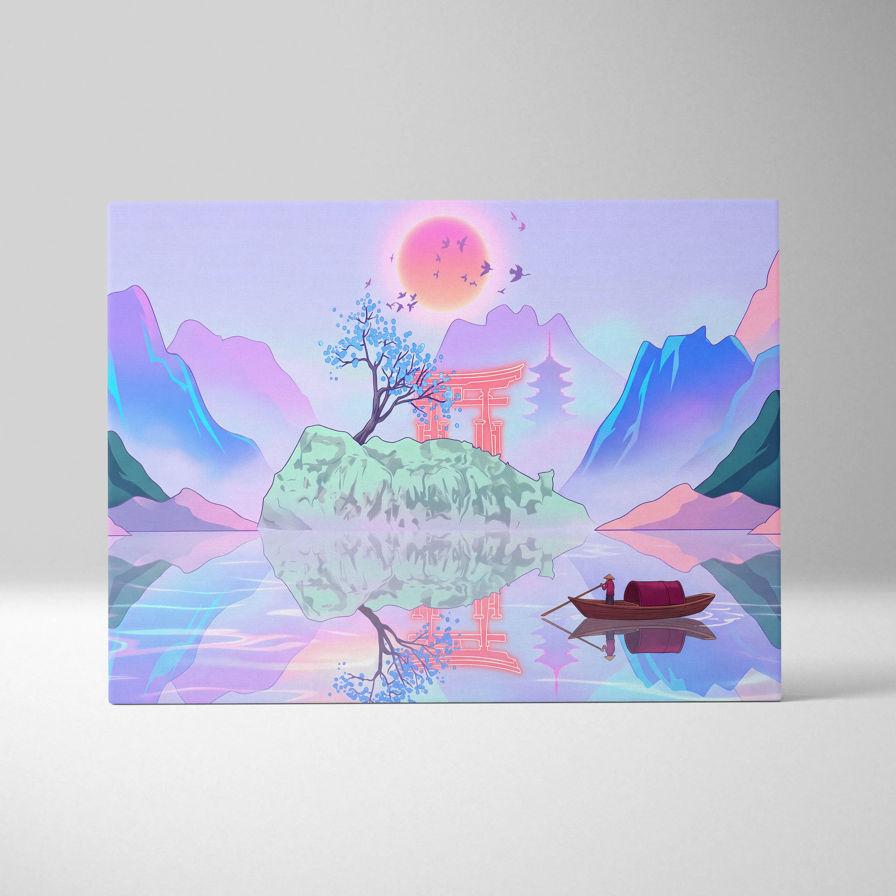 Vaporwave Japan Landscape Canvas - Japan Landscape Pastel Pink Blue Living Room Vaporwave Dreamy Nostalgic Canvas Print