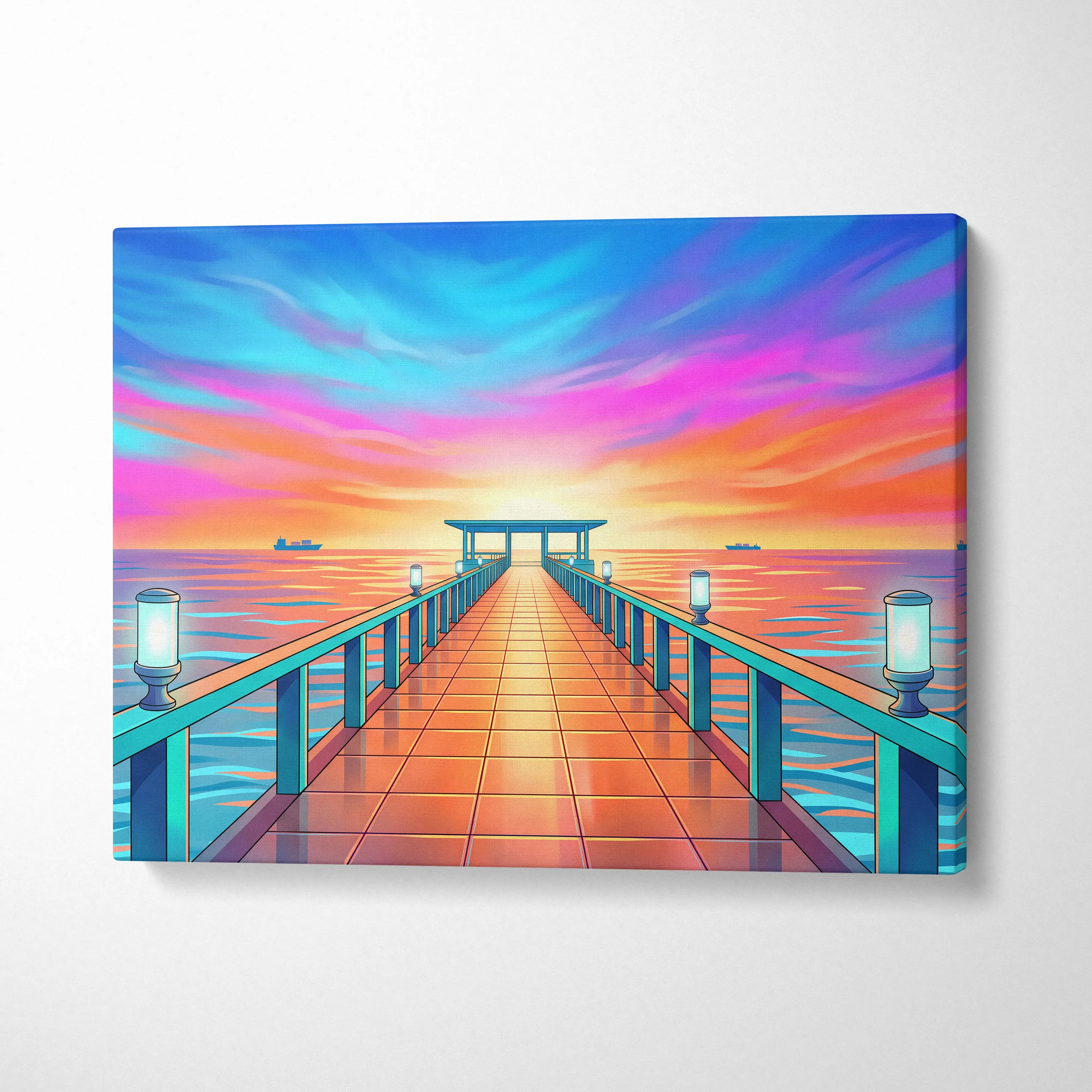 Neon Sunset Vaporwave Canvas - Seaside Pier Neon Blues Sunset Living Room Vaporwave Dreamy Vaporwave Wall Art Canvas