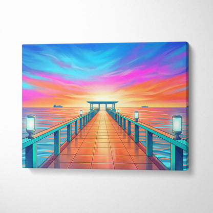 Neon Sunset Vaporwave Canvas - Seaside Pier Neon Blues Sunset Living Room Vaporwave Dreamy Vaporwave Wall Art Canvas