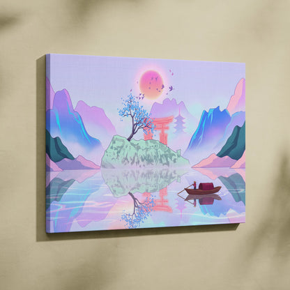 Vaporwave Japan Landscape Canvas - Japan Landscape Pastel Pink Blue Living Room Vaporwave Dreamy Nostalgic Canvas Print