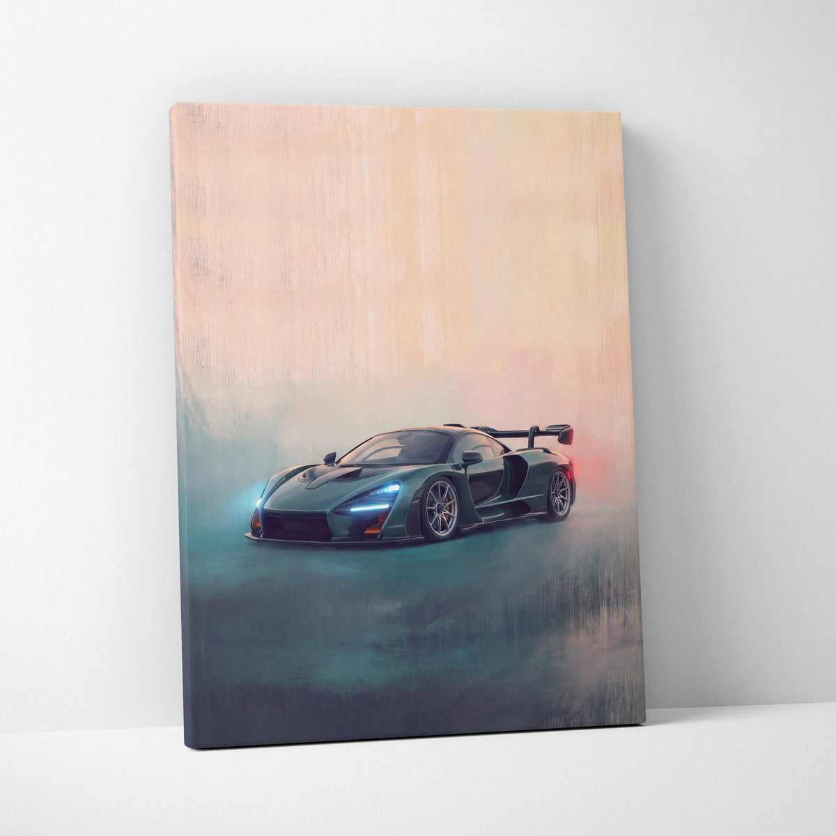 A sleek dark teal mclaren senna sports car painted in a stylized canvas print for luxury automotive wall art