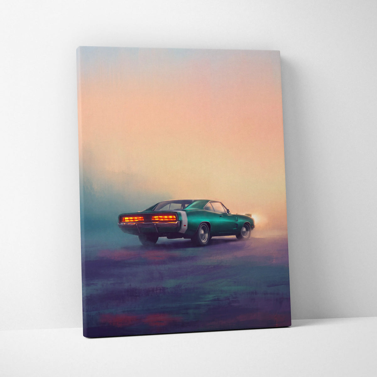 A canvas print of a teal dodge charger with glowing orange taillights against a gradient sunset sky for living room décor