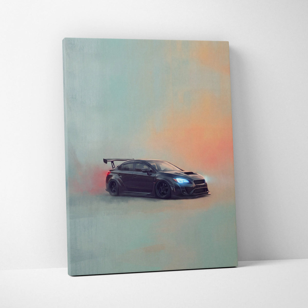 Black Subaru WRX STI canvas art featuring a sporty sedan with glowing headlights and rear spoiler for rally tuner decor