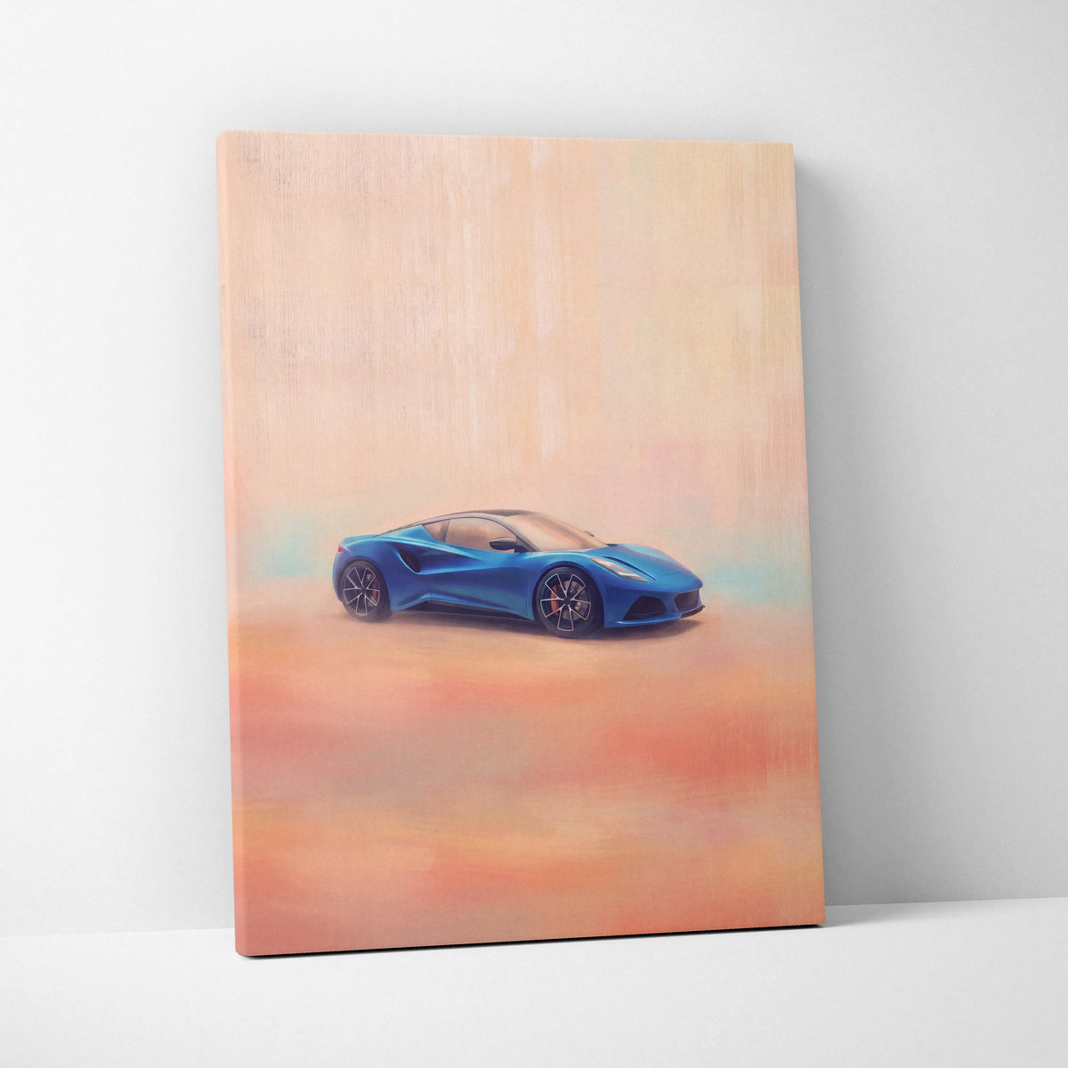 Lotus Emira inspired canvas art of a vibrant blue sports car with sleek lines and black alloy wheels on gradient background