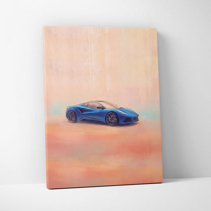 Lotus Emira inspired canvas art of a vibrant blue sports car with sleek lines and black alloy wheels on gradient background