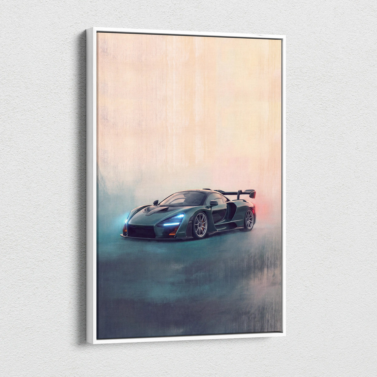 A sleek dark green mclaren senna sports car with glowing blue headlights and red taillights on a luxury canvas print